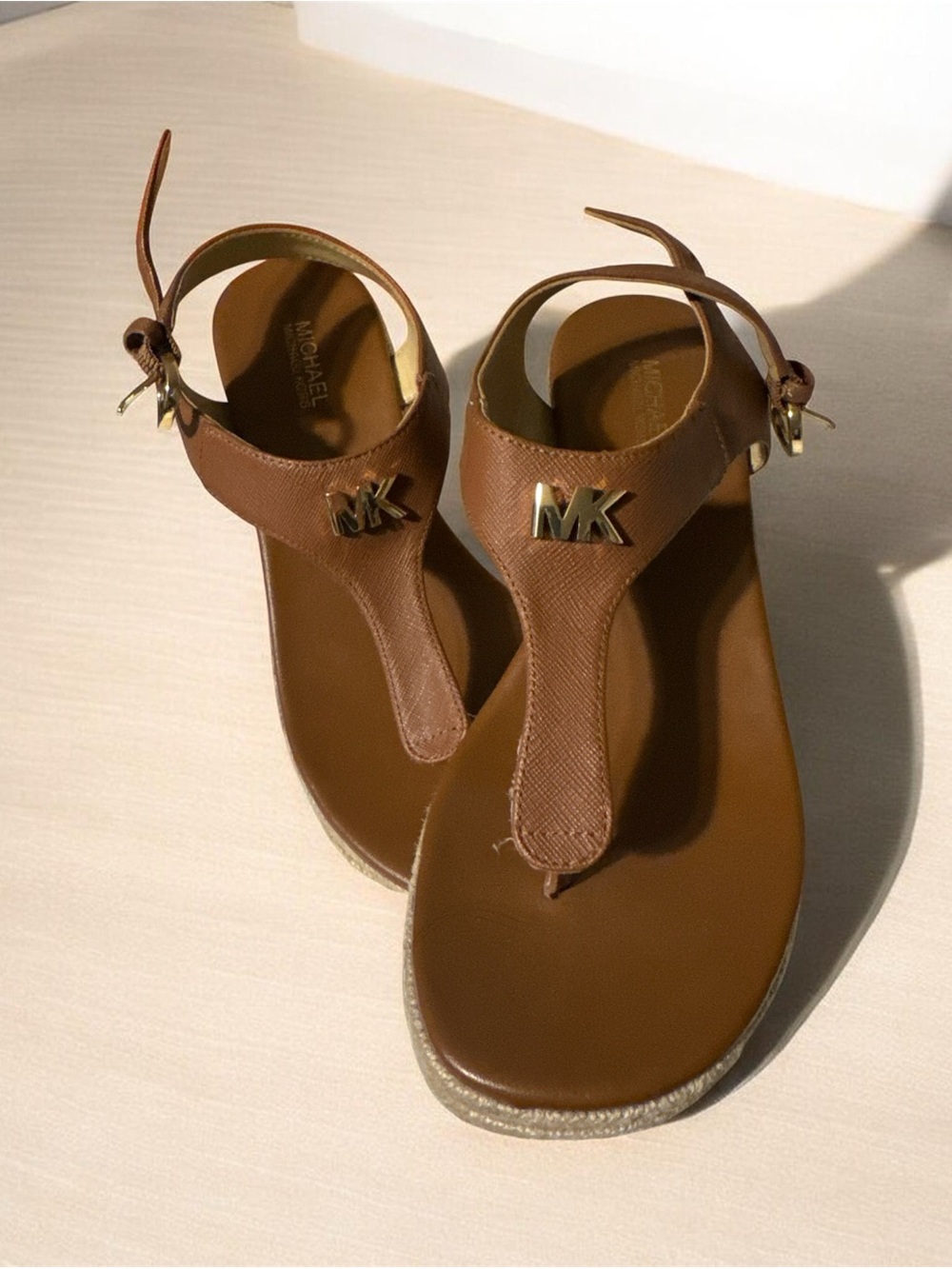 Michael Kors Brown Leather MK T-Strap Sandals with Gold Hardware